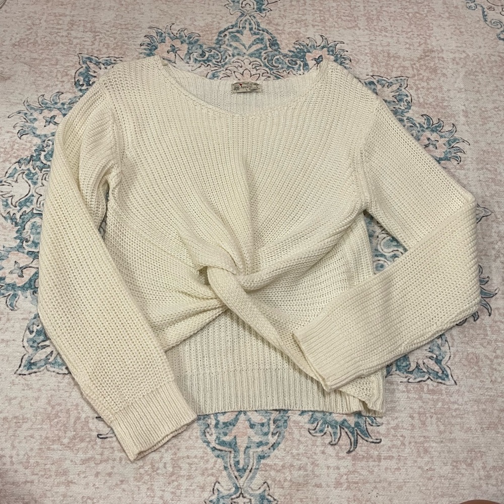 Ivory Poof Apparel Tie- Front Cropped Sweater